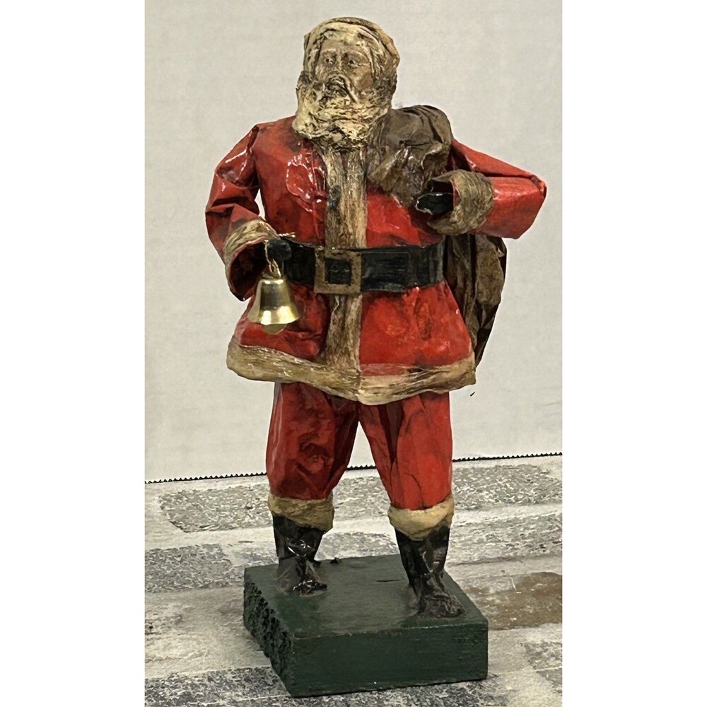 Vintage Folk Art Paper Mache’ Santa Claus Figurine Bell Bag Of Toys 8.5” High